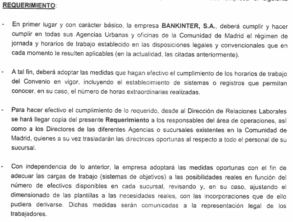 Prolongaci�n de jornada en Bankinter. Requerimiento judicial
